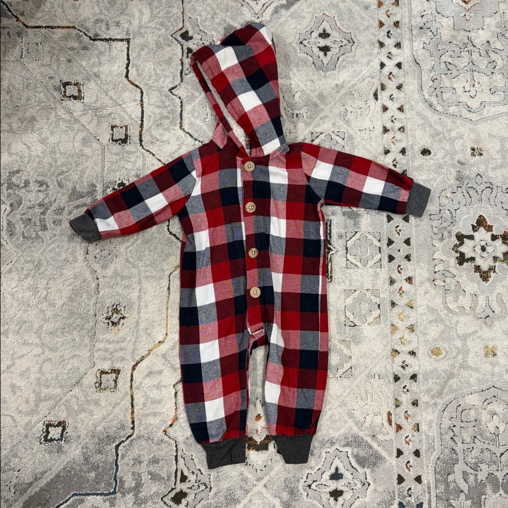 Mud Pie warm plaid romper with hood, 9-12 mo